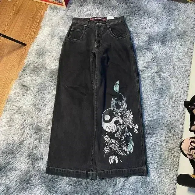 Hip Hop Anime Graphic Baggy Jeans Black Spider Print Jeans New Harajuku Denim Y2k Pants Men Women Goth High Waist Wide Trousers