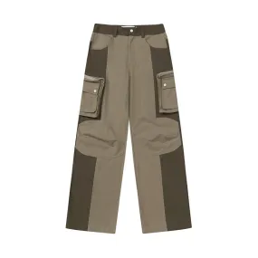 Khaki Color Matching Multi-pocket Wide Leg Denim Jeans for Men