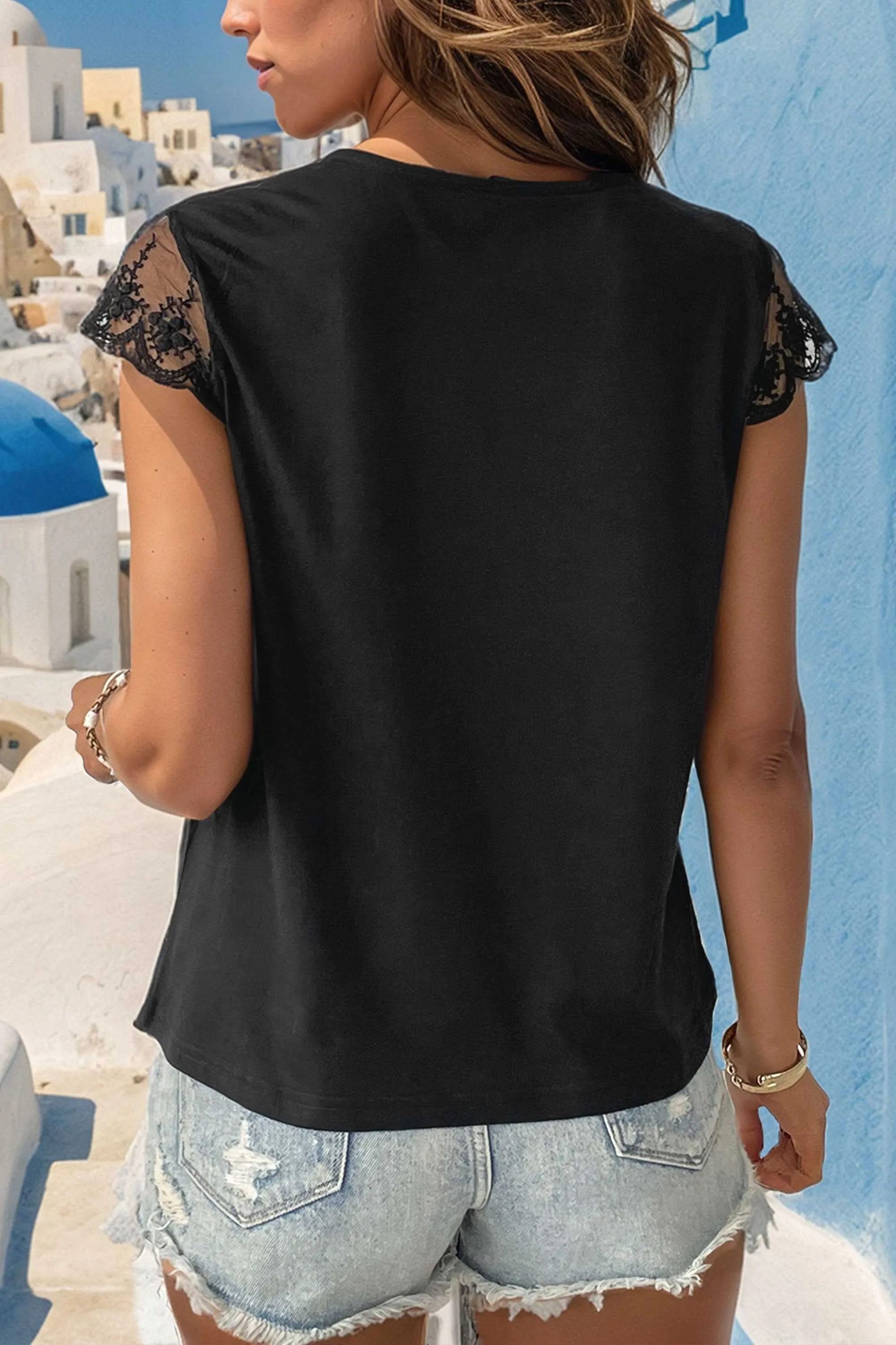 Black Lace Trim V Neck Top