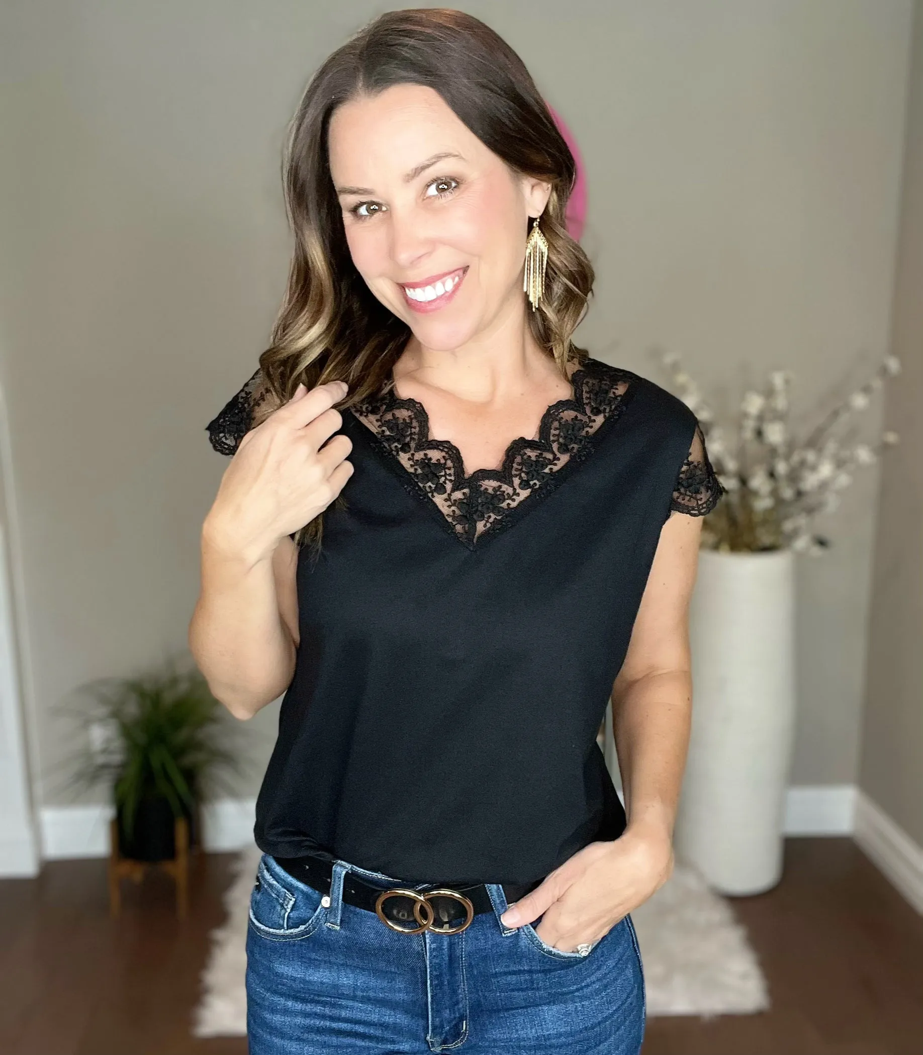 Black Lace Trim V Neck Top