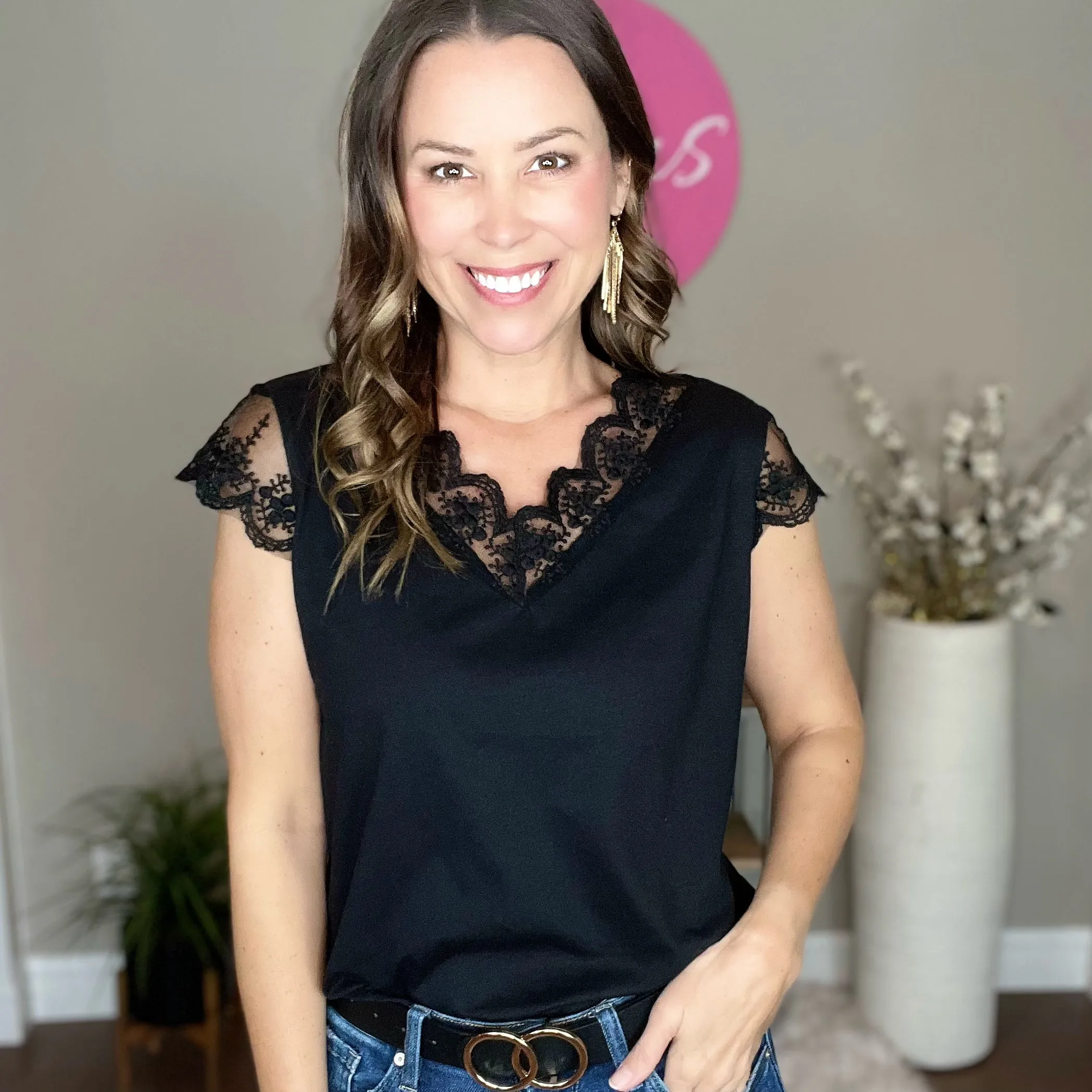 Black Lace Trim V Neck Top