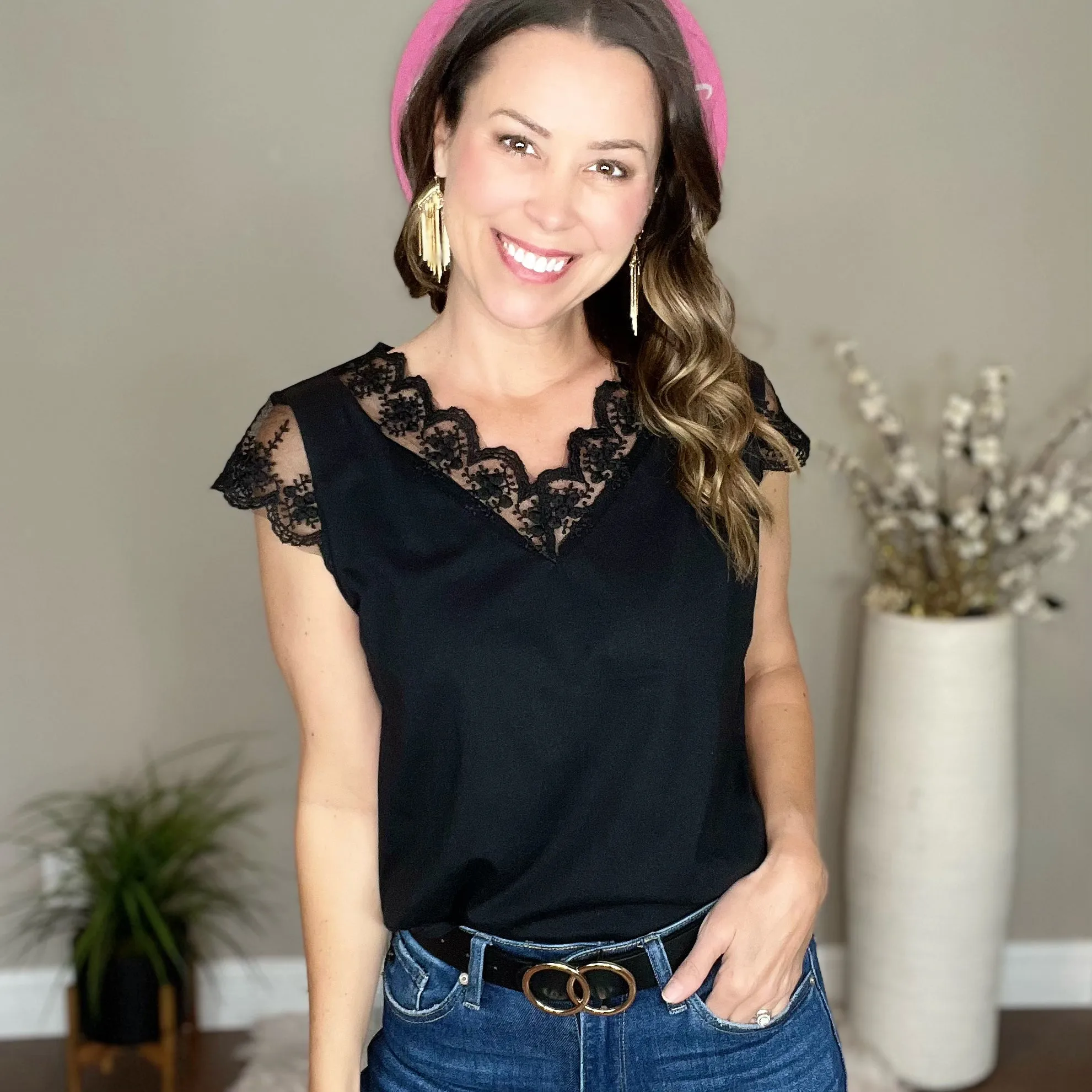 Black Lace Trim V Neck Top