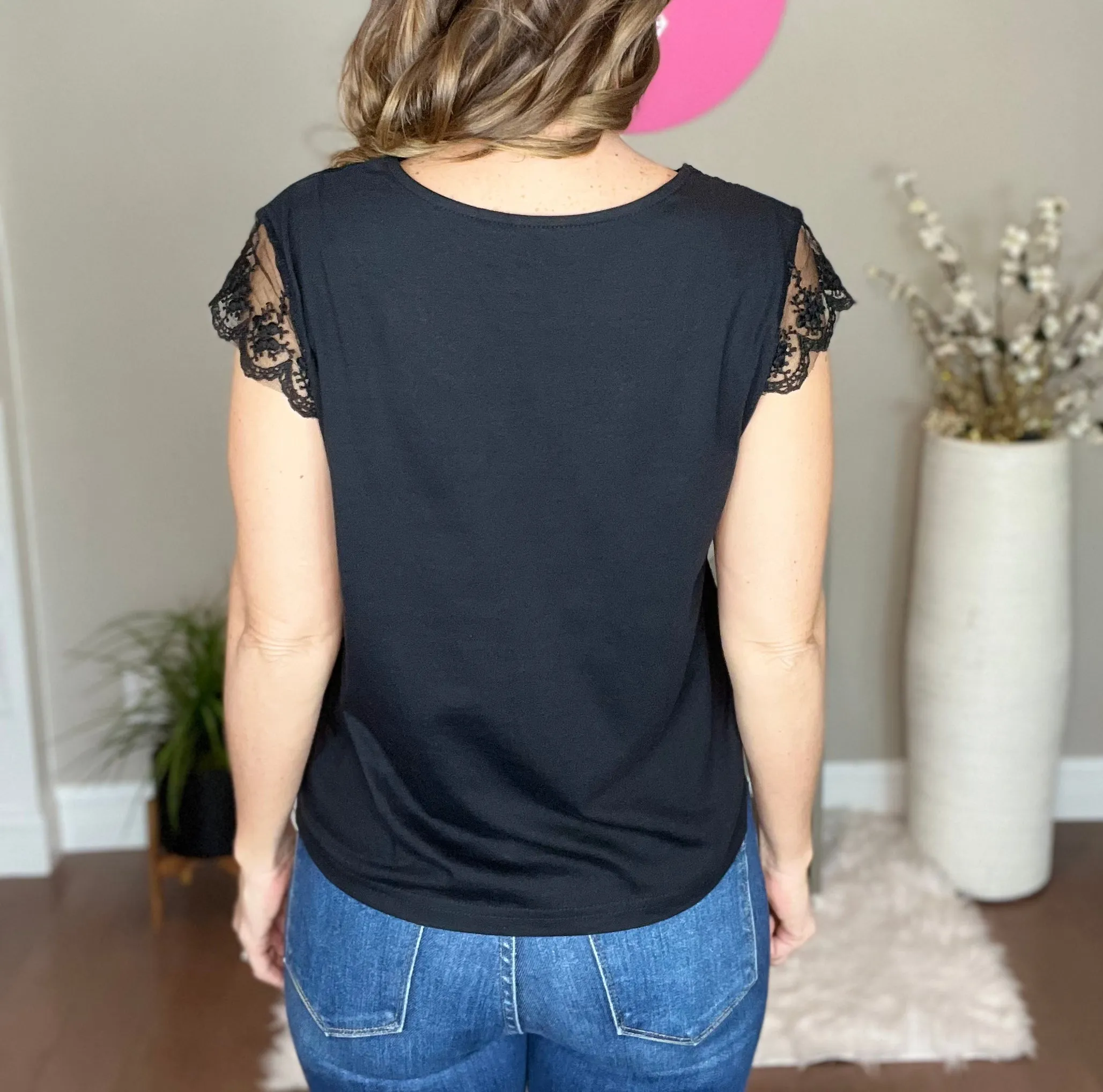 Black Lace Trim V Neck Top