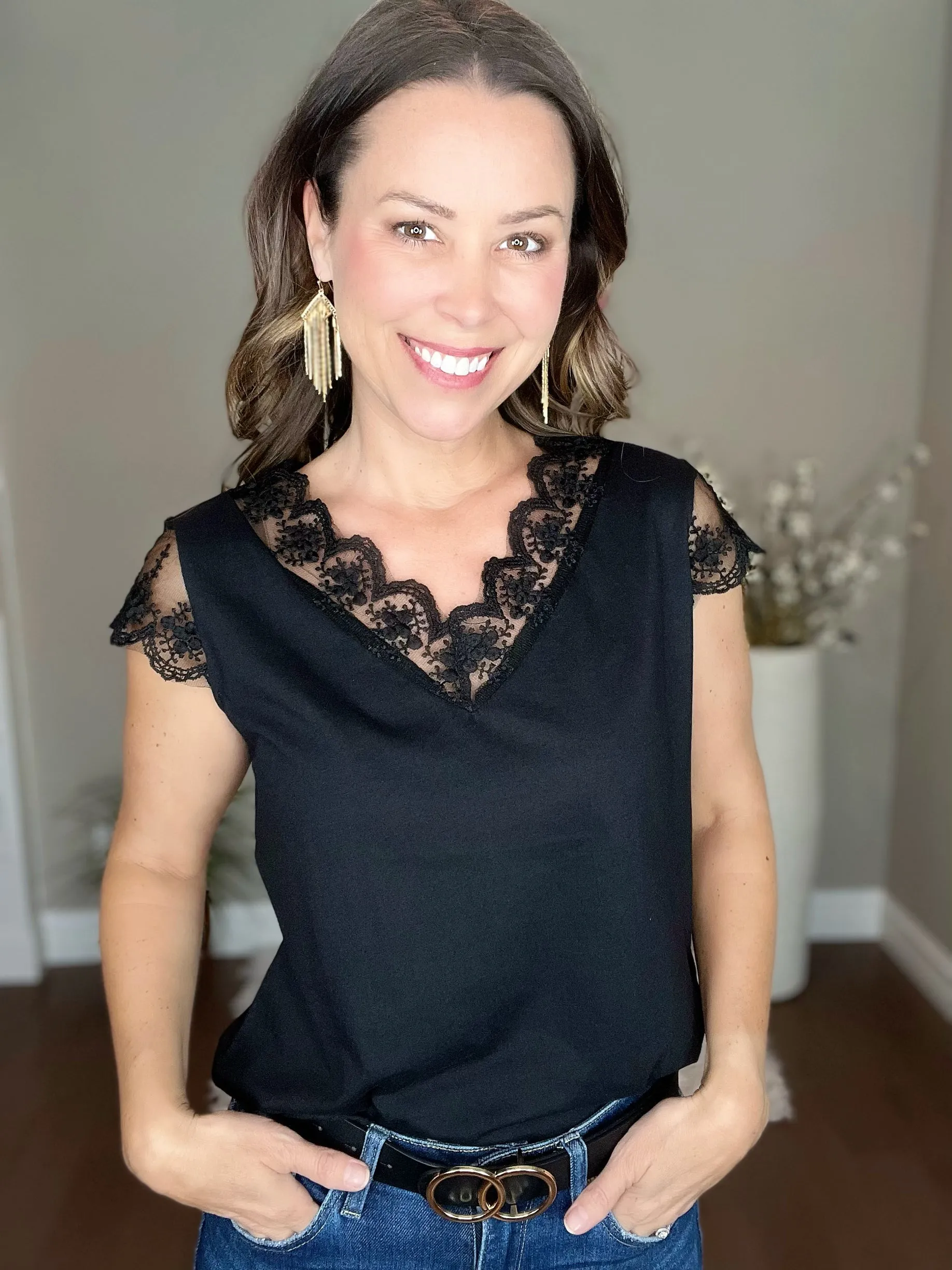 Black Lace Trim V Neck Top