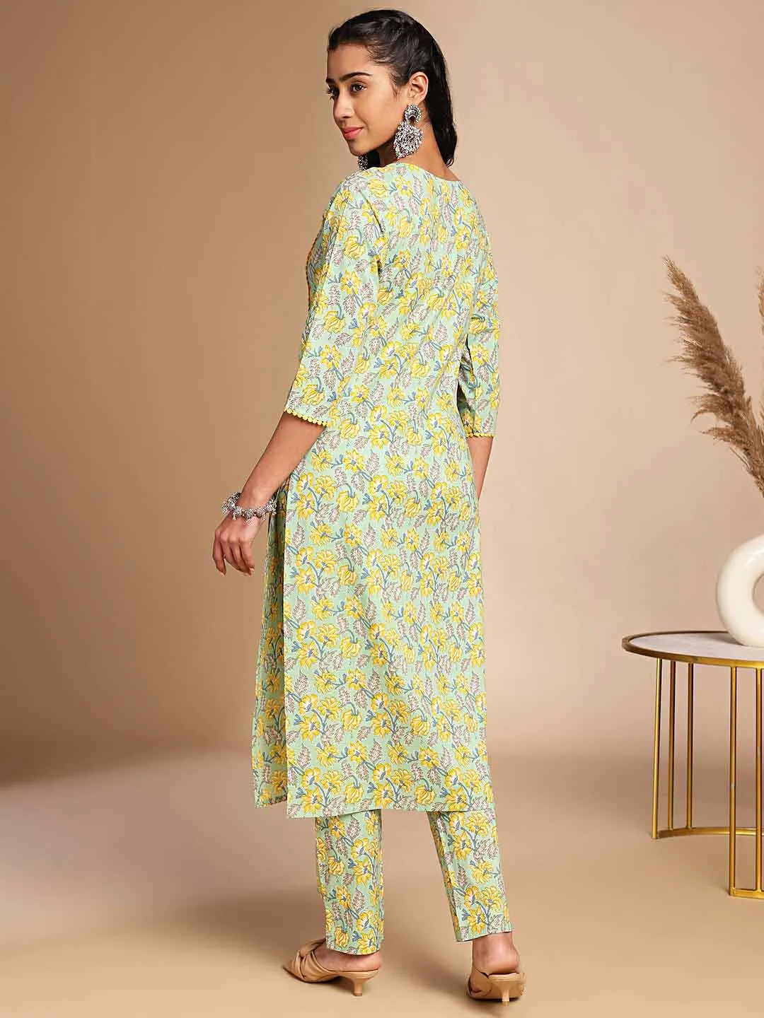 Light Green Cotton Floral Straight Co-ord Set