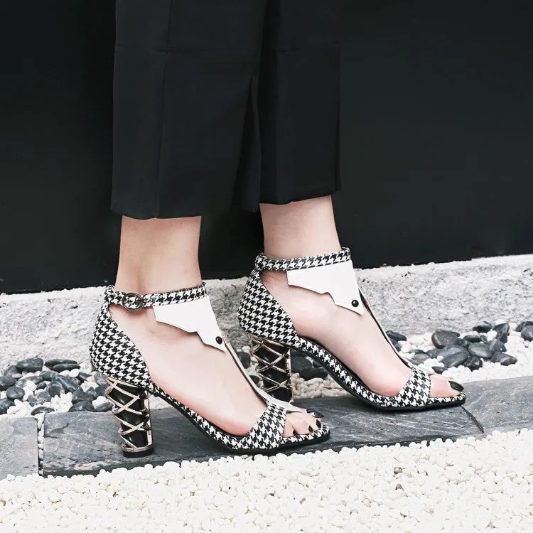 Women's Lattice T Strap Block Chunky Heel Sandals