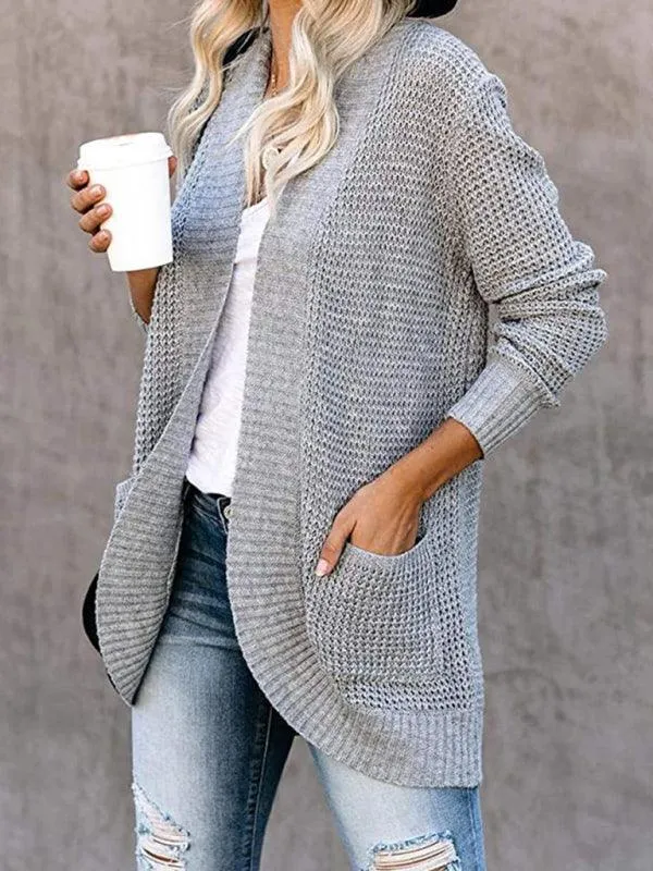 Curved Placket Large Pocket Women Cardigan Sweater