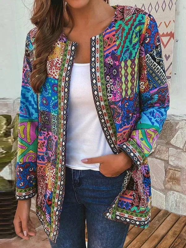 Casual Retro Printed Women Loose Cardigan Sweater