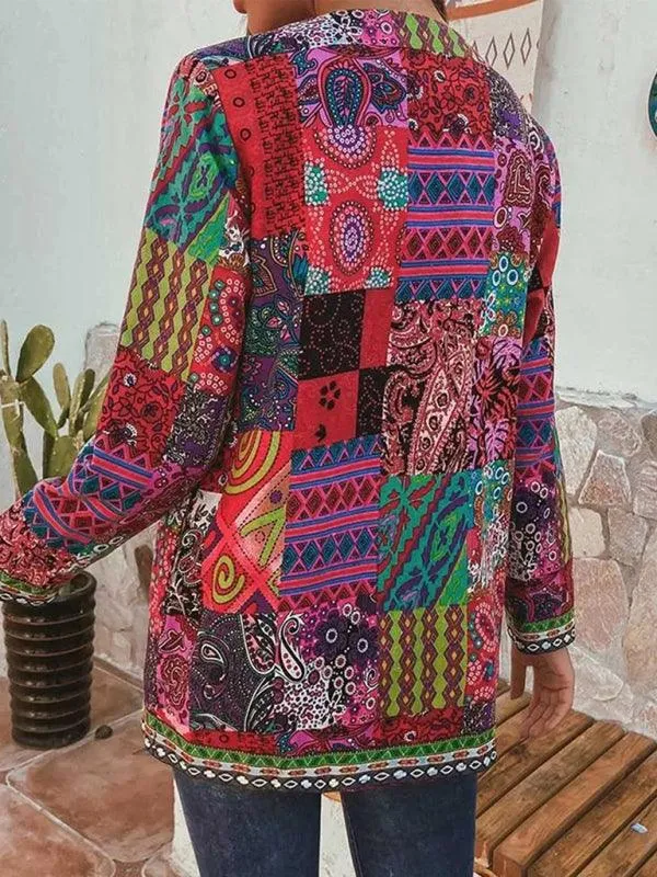 Casual Retro Printed Women Loose Cardigan Sweater