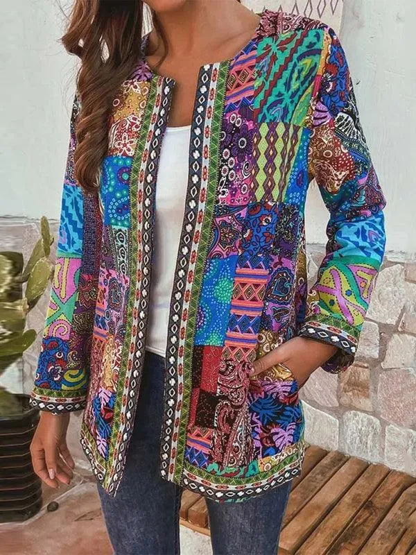 Casual Retro Printed Women Loose Cardigan Sweater