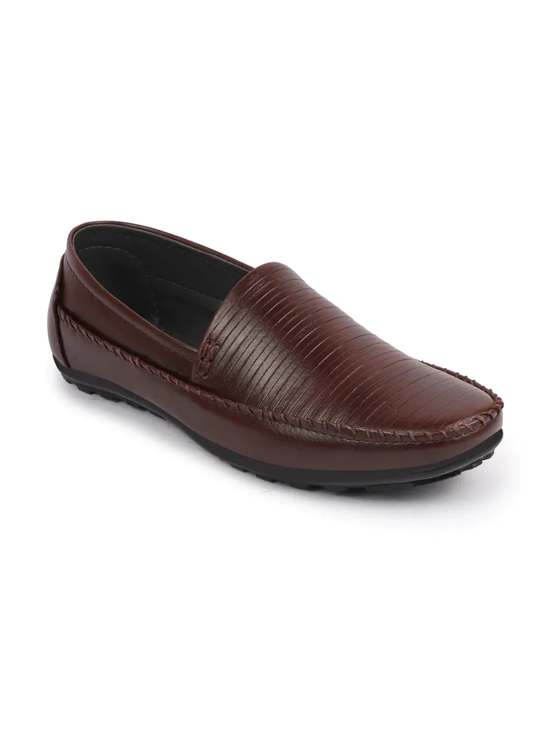 Men Brown Side Stitched Broad Feet Ethnic Slip On Shoes