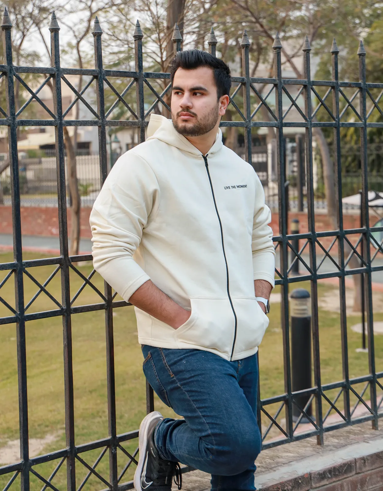 Men Fashion Creem Zipper Hoodie