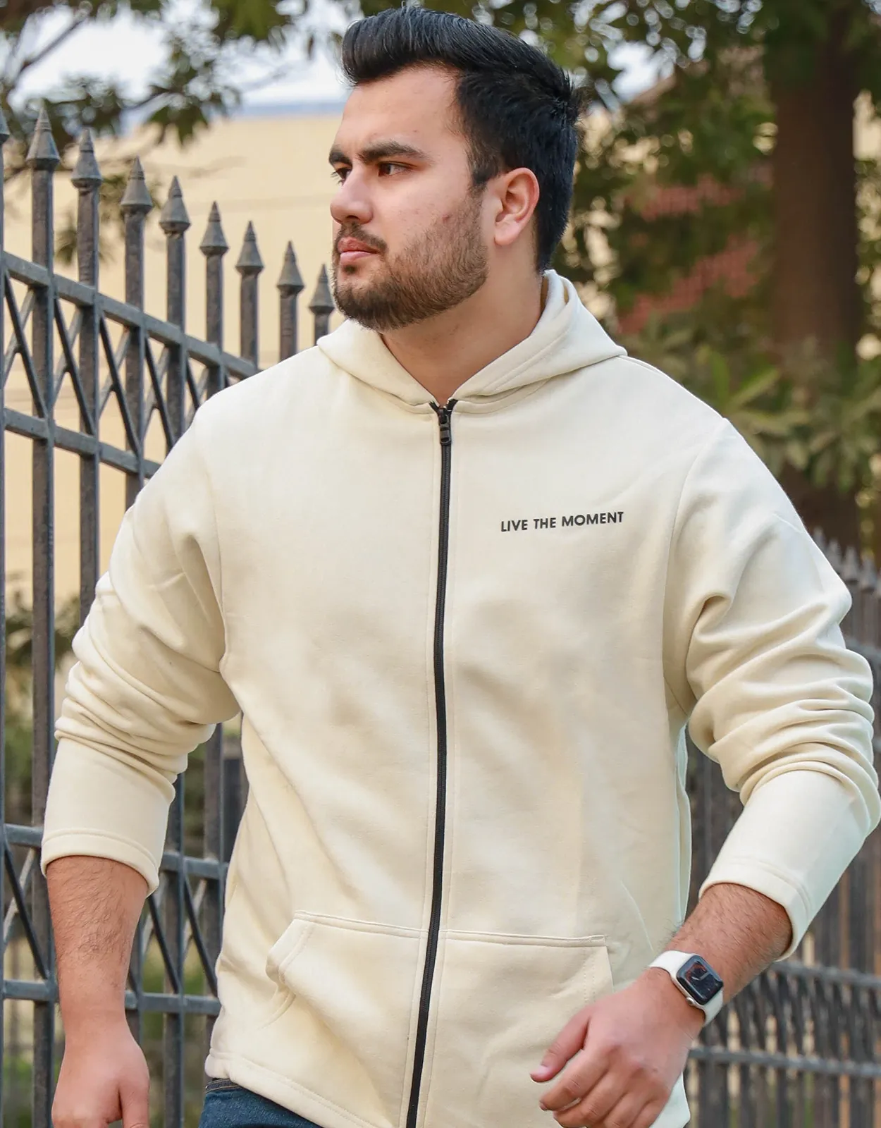 Men Fashion Creem Zipper Hoodie