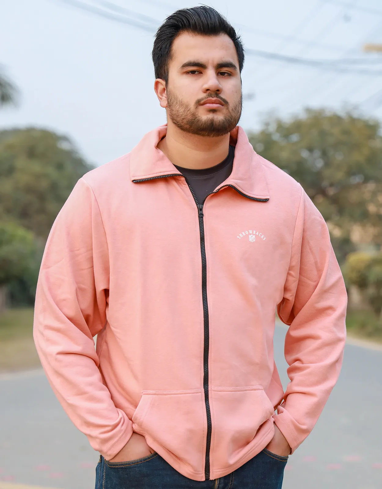 Men Fashion Pink Mock Neck Zipper