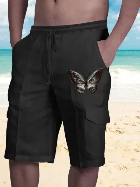 Men Linen Cargo Shorts Cat Print