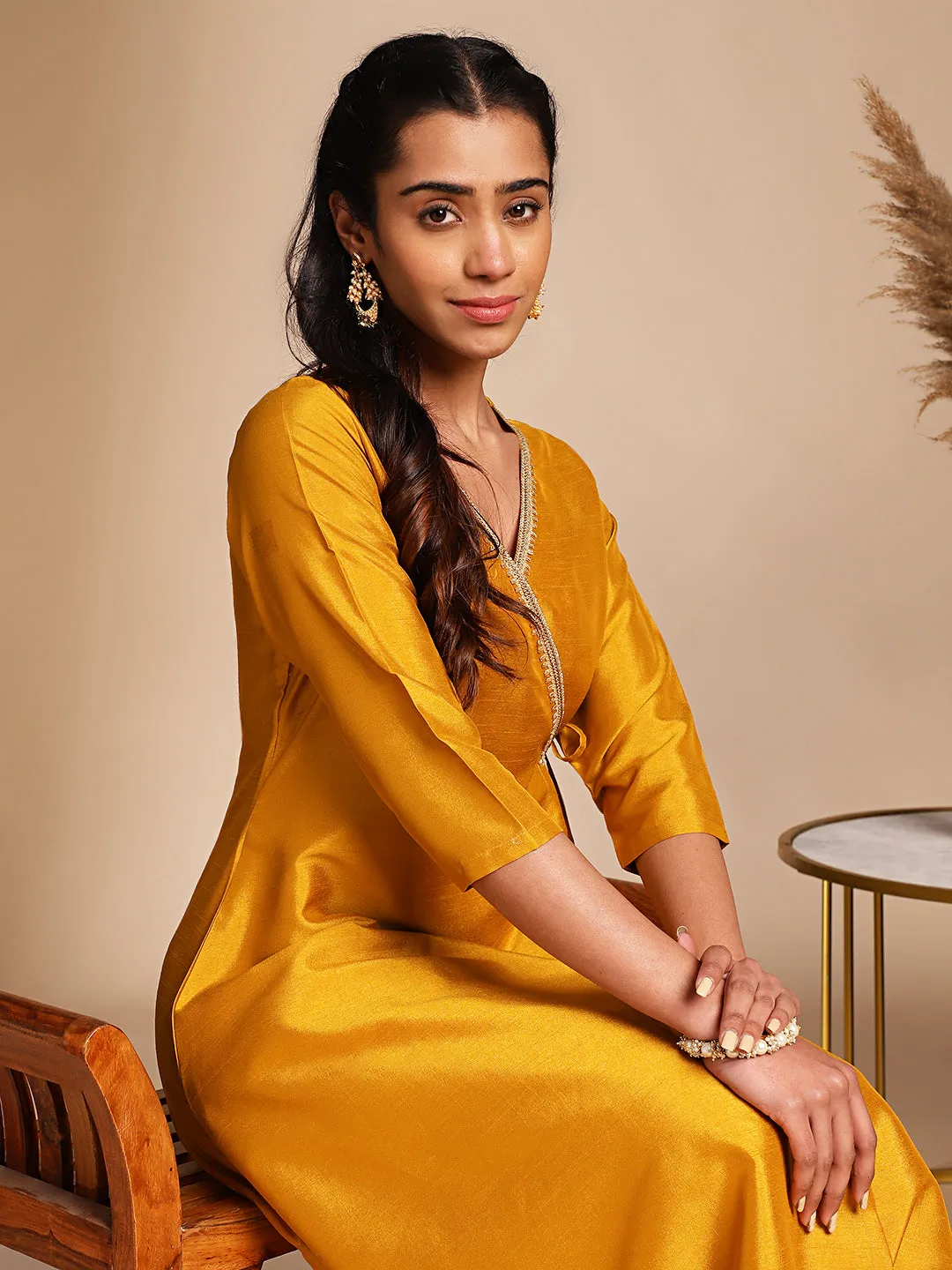 Mustard Crepe Silk Solid Wrap Kurta Set