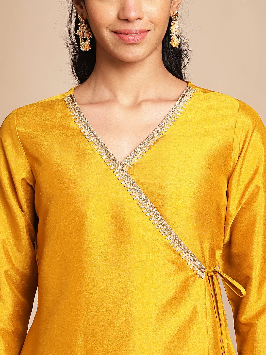 Mustard Crepe Silk Solid Wrap Kurta Set