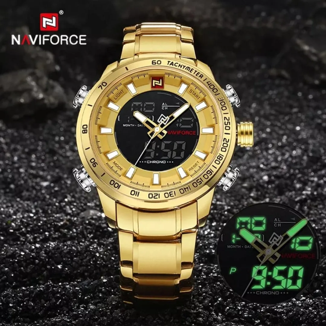 Naviforce Men Metallic Gold Strap Watch