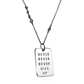 Never Give Up Dog Tag Antique Necklace with Crystals