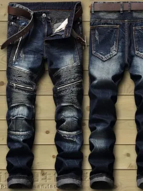 New Biker Jeans Men's Distressed Stretch Ripped  Hip Hop Slim Fit Holes Punk Denim Cotton Pants