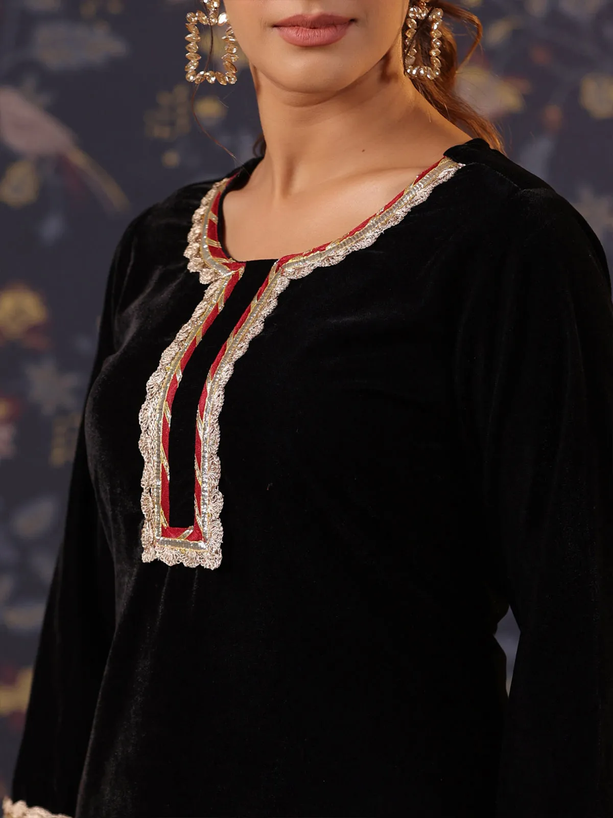 Odette Black Velvet Embellished Stitched Kurta set for Women