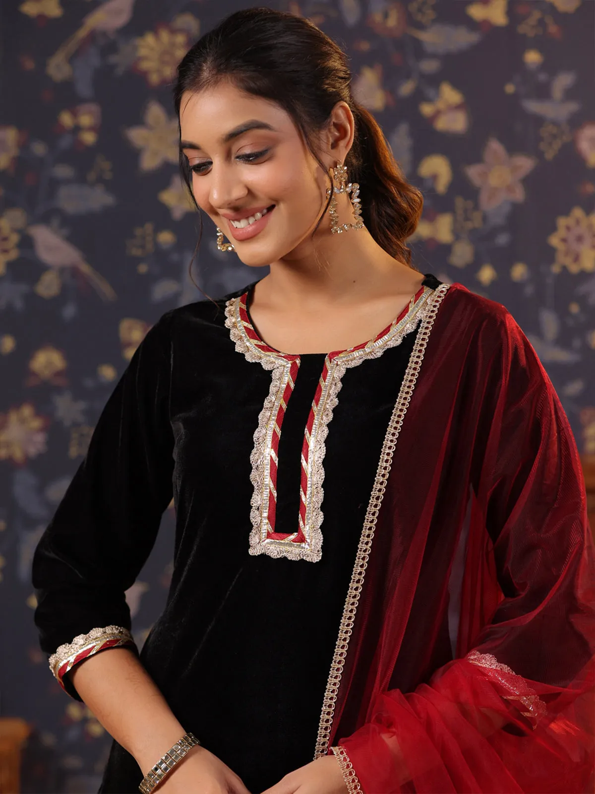 Odette Black Velvet Embellished Stitched Kurta set for Women