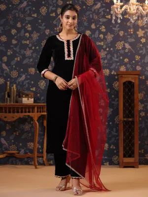 Odette Black Velvet Embellished Stitched Kurta set for Women