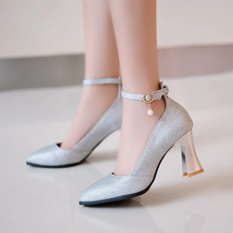 Pointed Toe Sequined Ankle Strap Women Thin High Heels Pumps