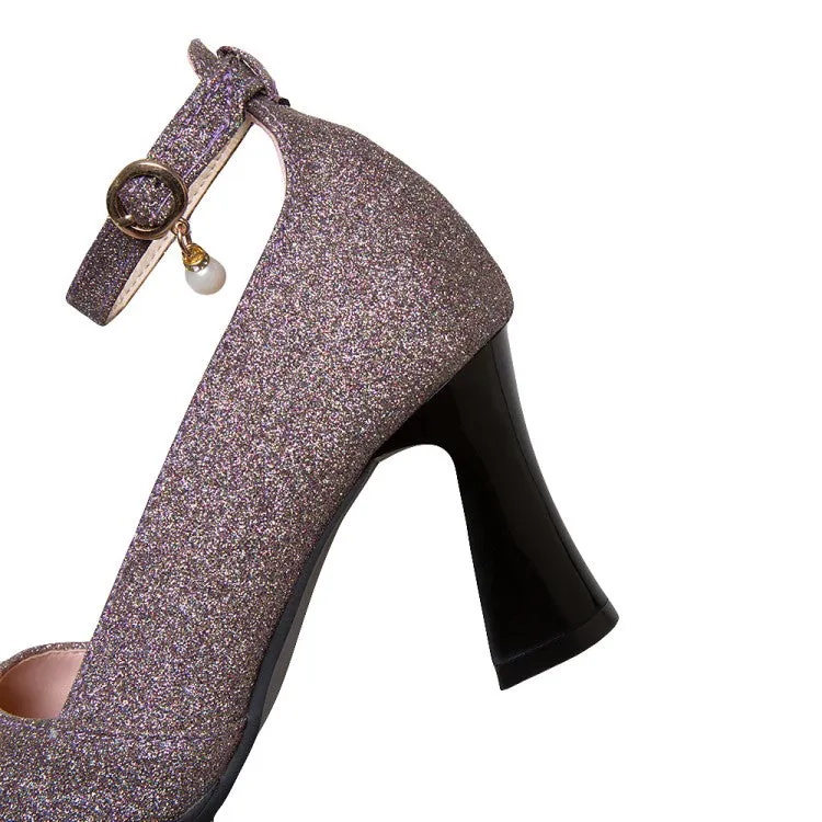 Pointed Toe Sequined Ankle Strap Women Thin High Heels Pumps