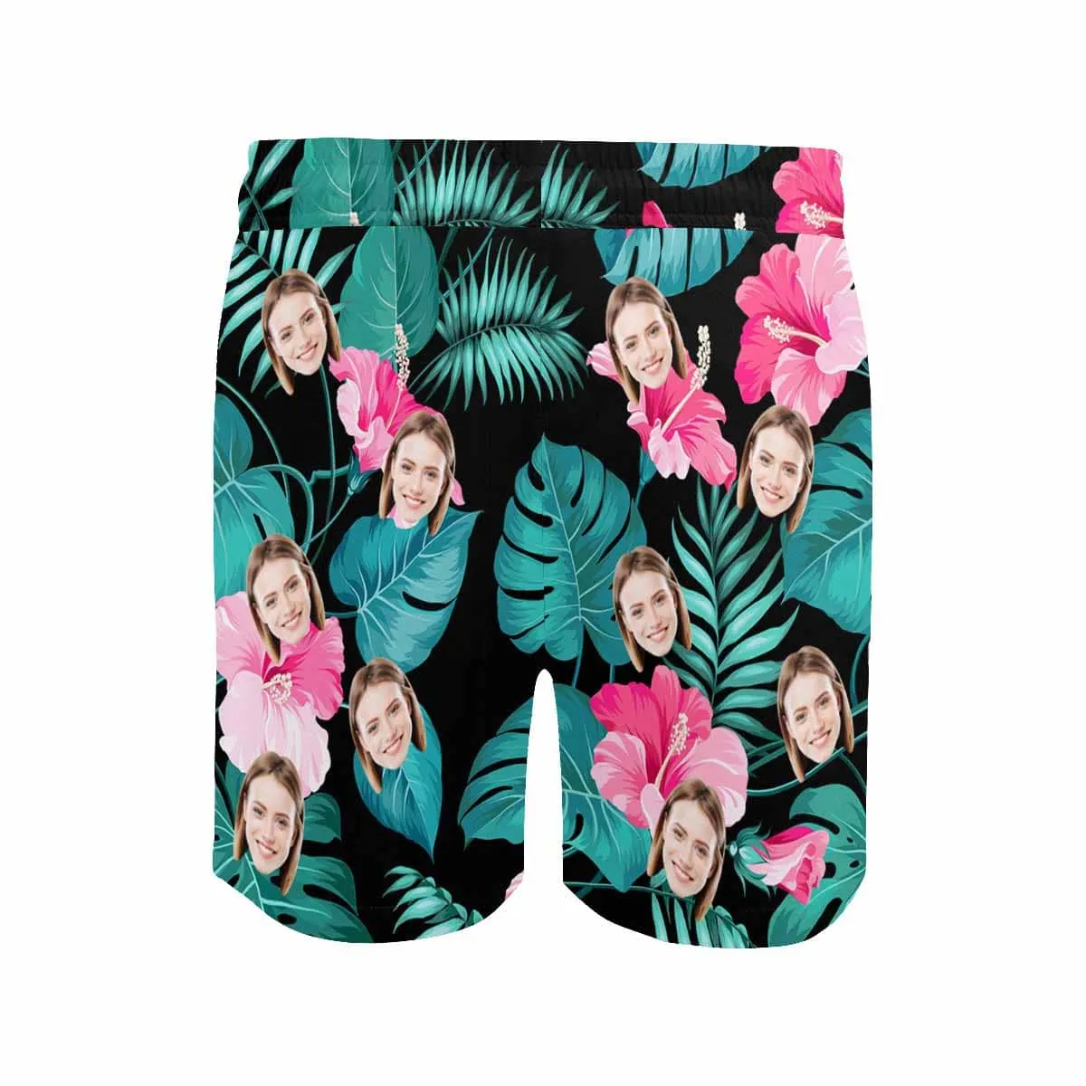 Personalized Swim Trunks Custom Face Flowers&Leaves Black Men's Quick Dry Swim Shorts Beach Swimsuit