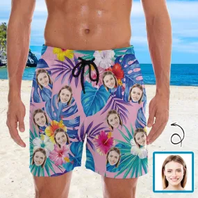 Personalized Swim Trunks Custom Face Pink Flowers Men's Quick Dry Swim Shorts Beach Swimsuit