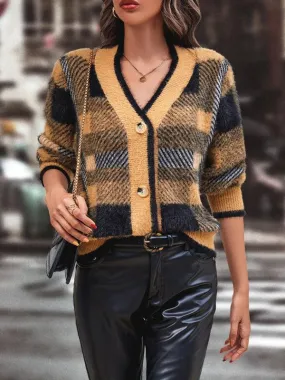 Plaid Button Women Cardigan Sweater