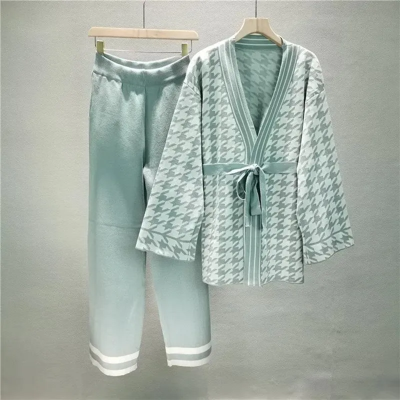 Knitted Loose Cardigan Women Pants Sweater Set