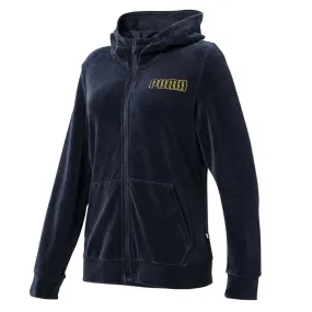 PUMA WOMEN'S ESSENTIALS PLUS VELOUR BLACK HOODED FULL ZIP JACKET