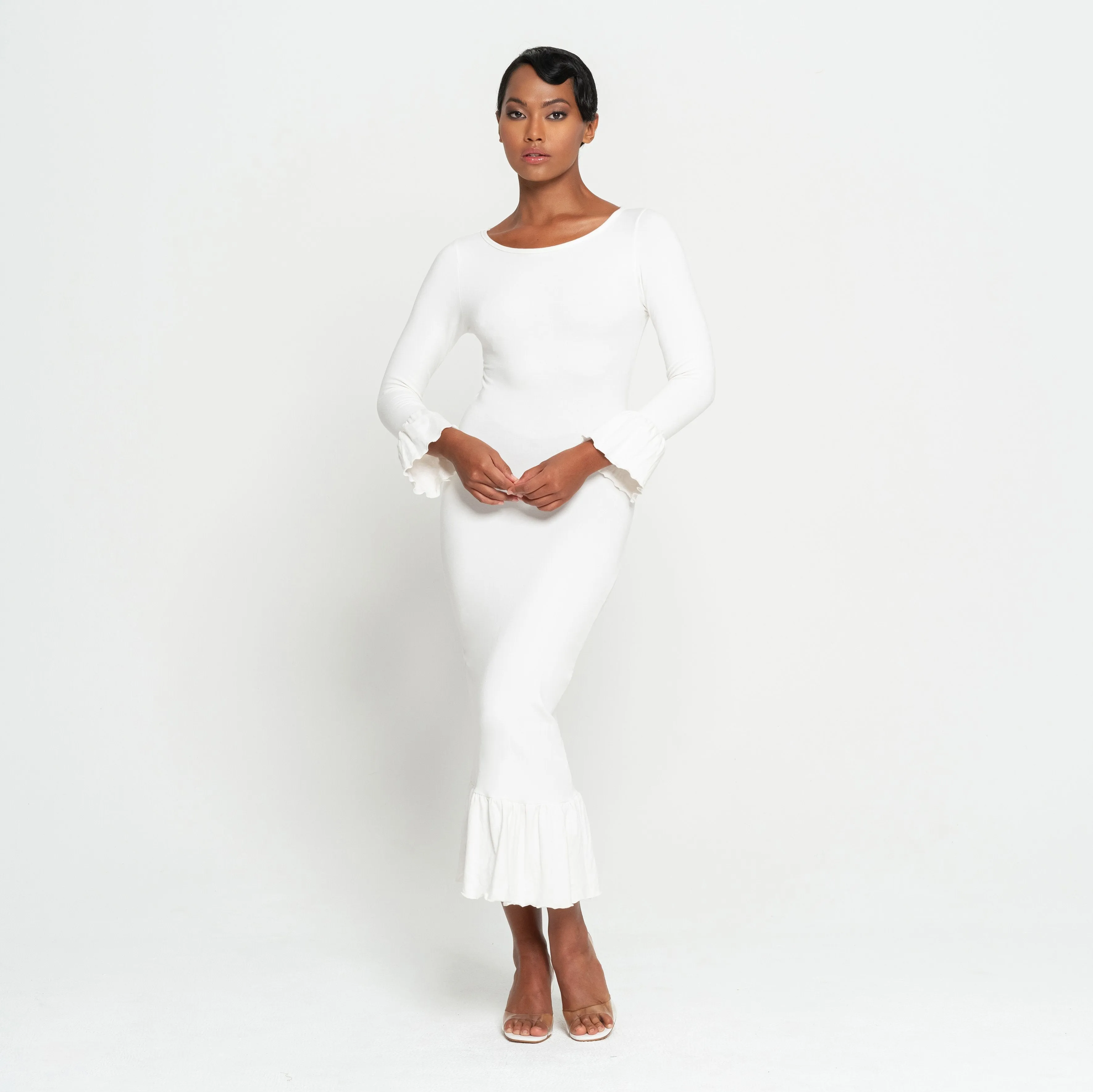 MARJORIE Bamboo Ruffle Dress, in Off-White