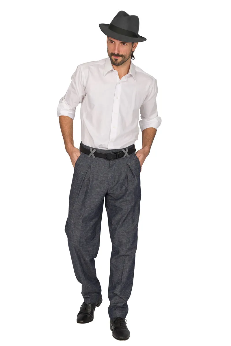 Denim-Look Men's Tango Pants With Front And Back Pleat