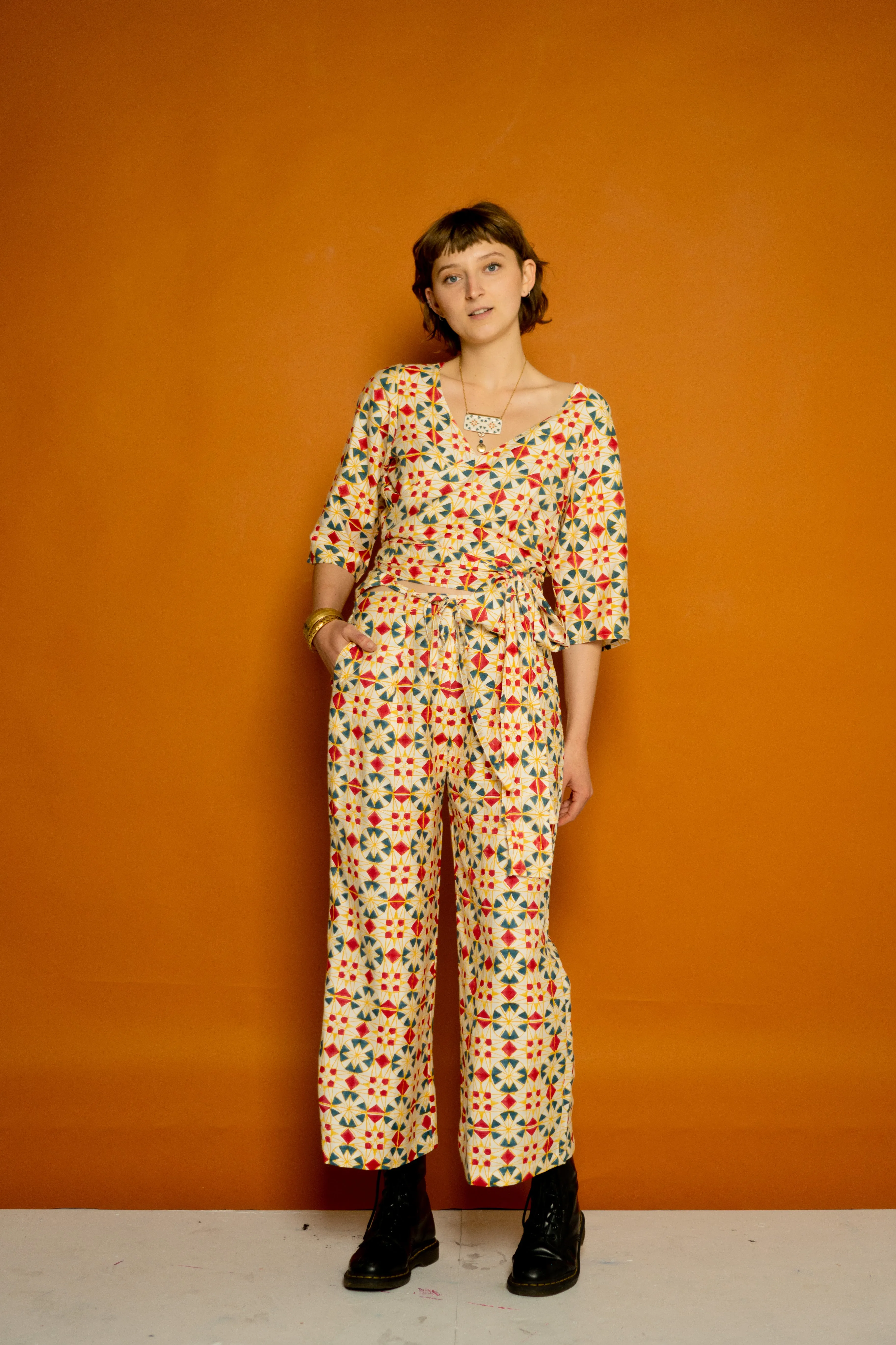 Silk Cotton Tie Pants Full Length - Parcheesi Print