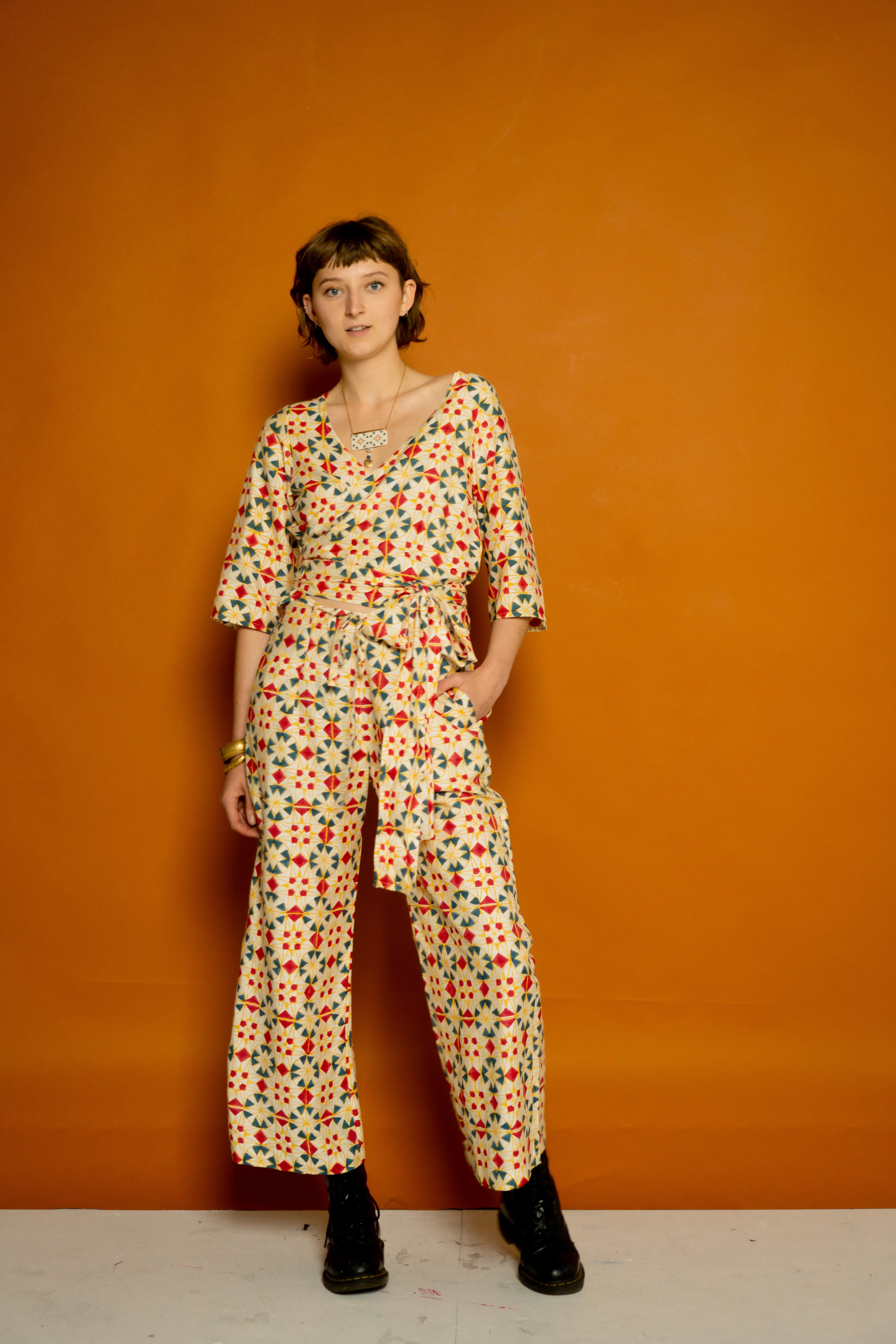 Silk Cotton Tie Pants Full Length - Parcheesi Print