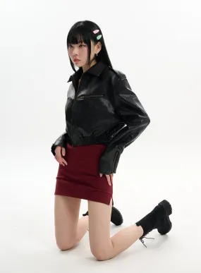 Solid Leather Cropped Jacket IF413