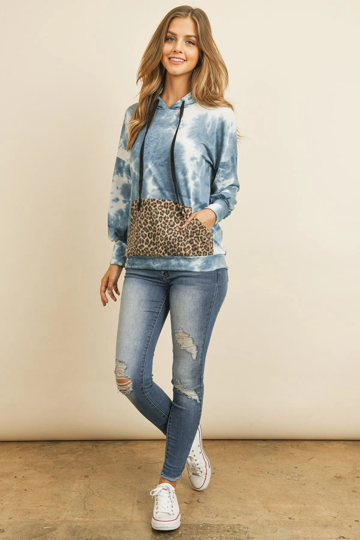 Tie Dye Long Sleeve Leopard Contrast Pocket Hoodie