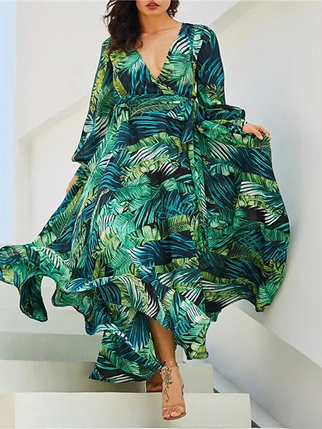 Floral V-Neck Plus Size Maxi Dress with Lantern Sleeves