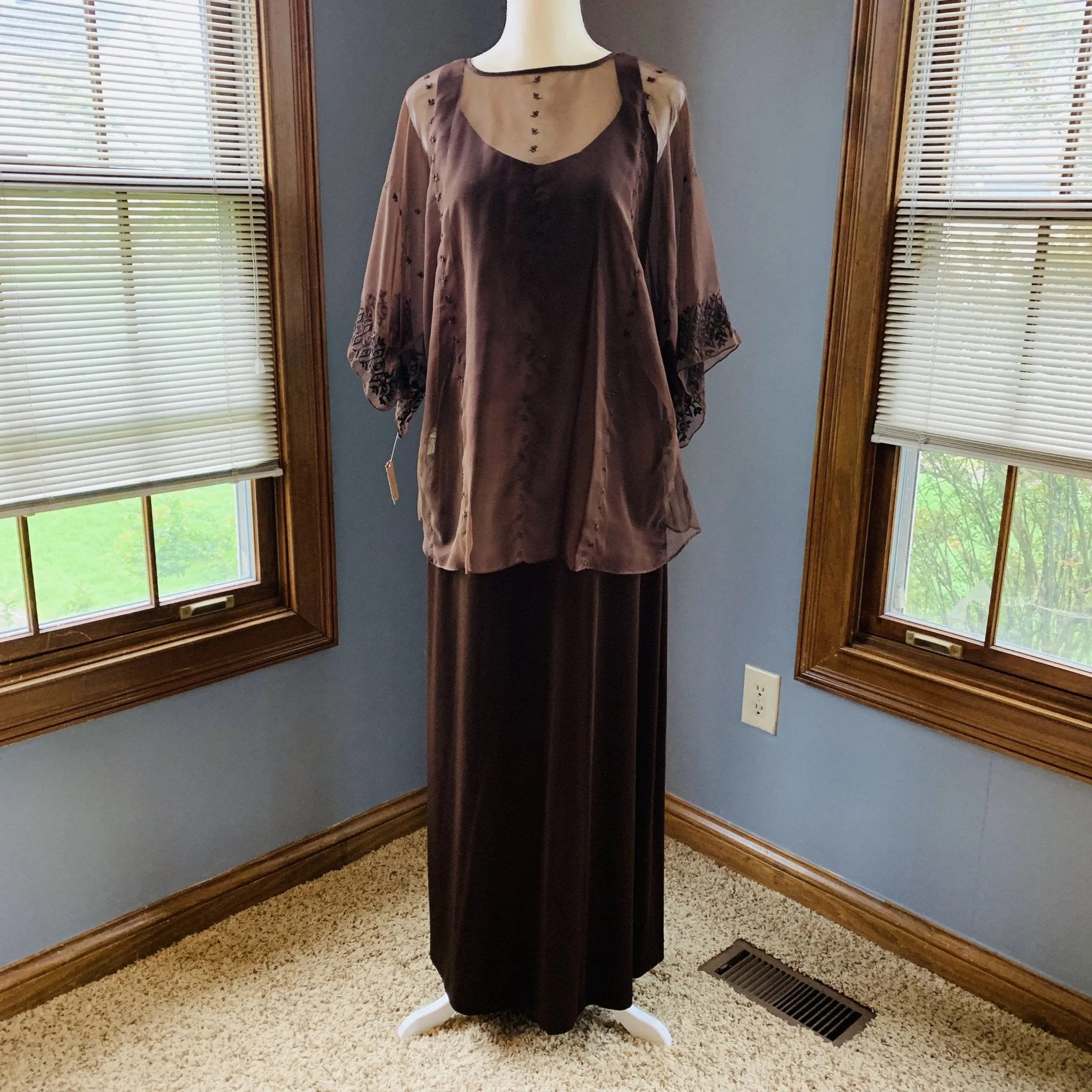 Vintage Bohemian Brown Maxi Dress and Sheer Top by Three Flaggs with Delicate Embroidery.