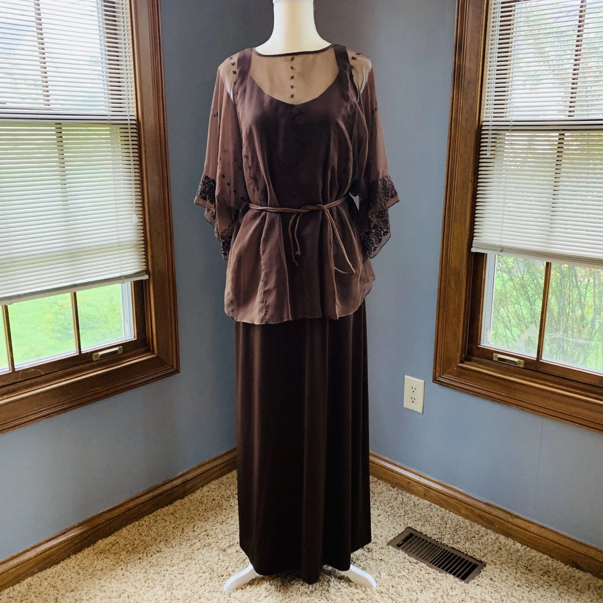 Vintage Bohemian Brown Maxi Dress and Sheer Top by Three Flaggs with Delicate Embroidery.