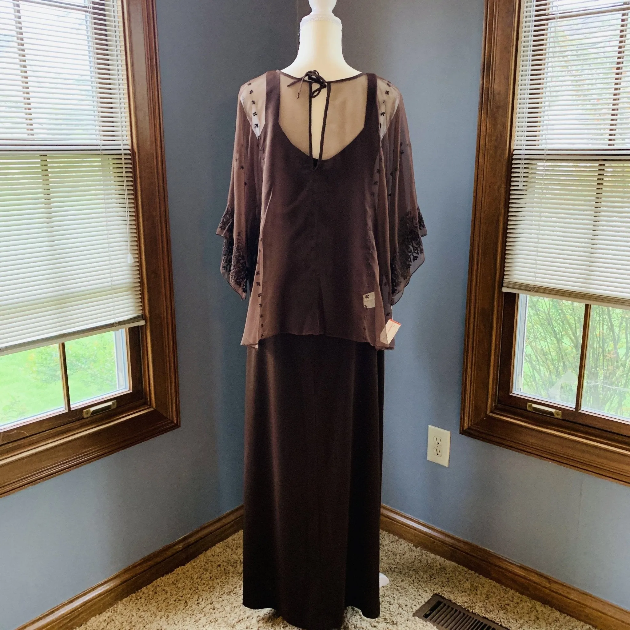 Vintage Bohemian Brown Maxi Dress and Sheer Top by Three Flaggs with Delicate Embroidery.