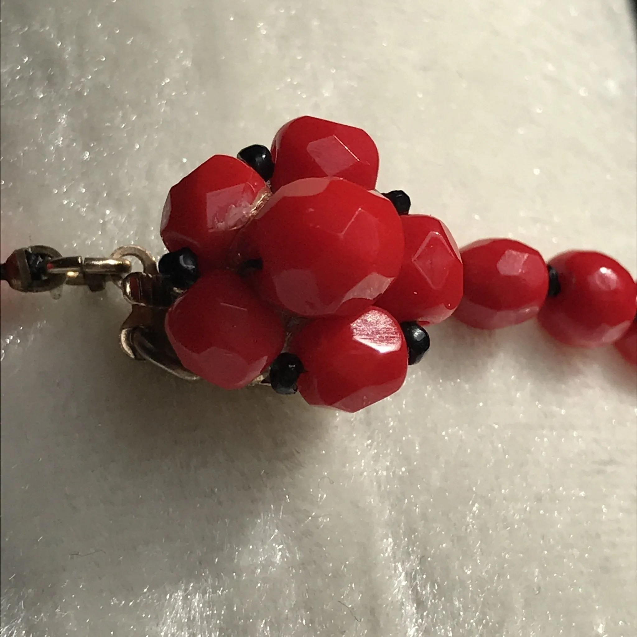 Vintage Red Glass Beaded Necklace and Earring Set by Hattie Carnegie.