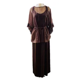 Vintage Bohemian Brown Maxi Dress and Sheer Top by Three Flaggs with Delicate Embroidery.