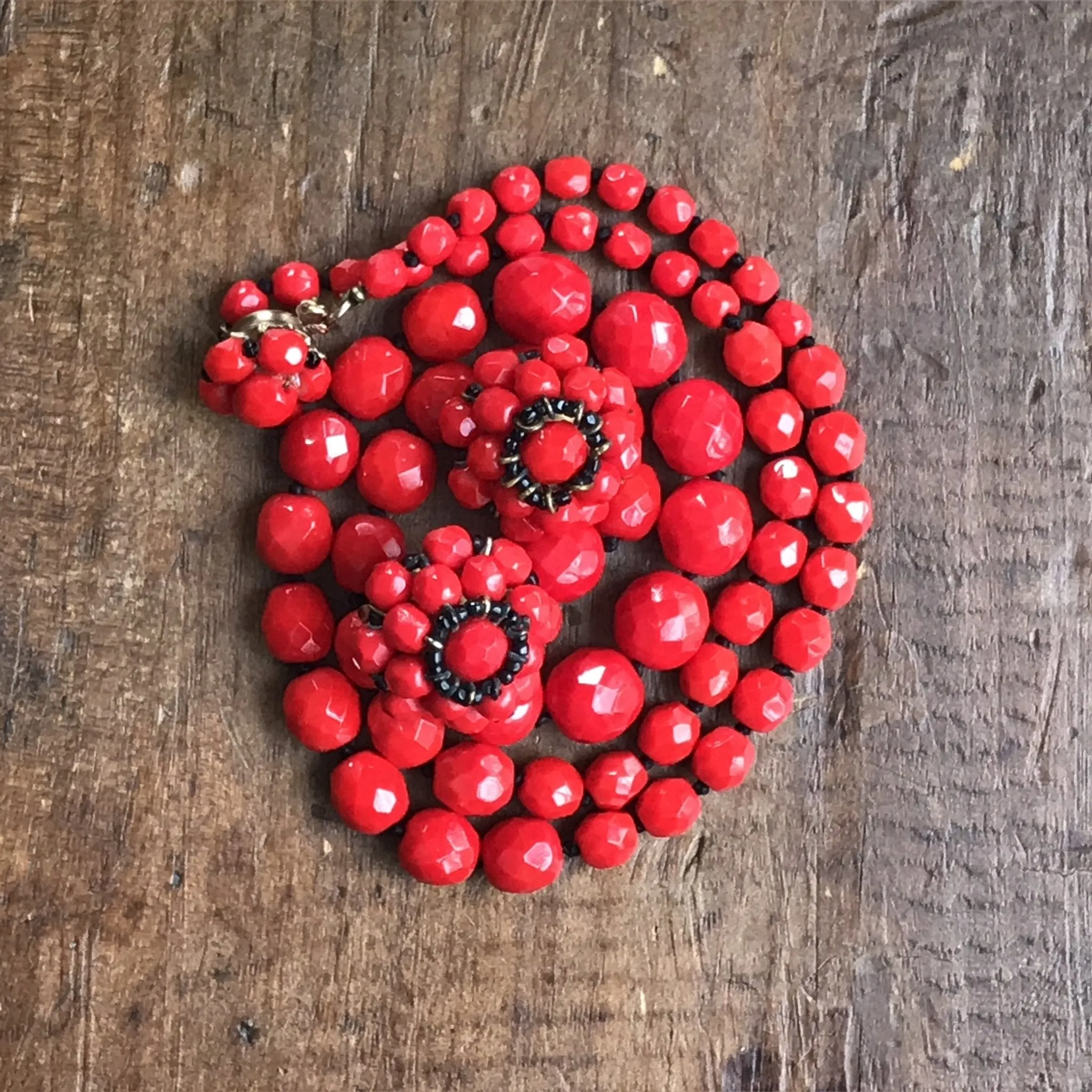 Vintage Red Glass Beaded Necklace and Earring Set by Hattie Carnegie.