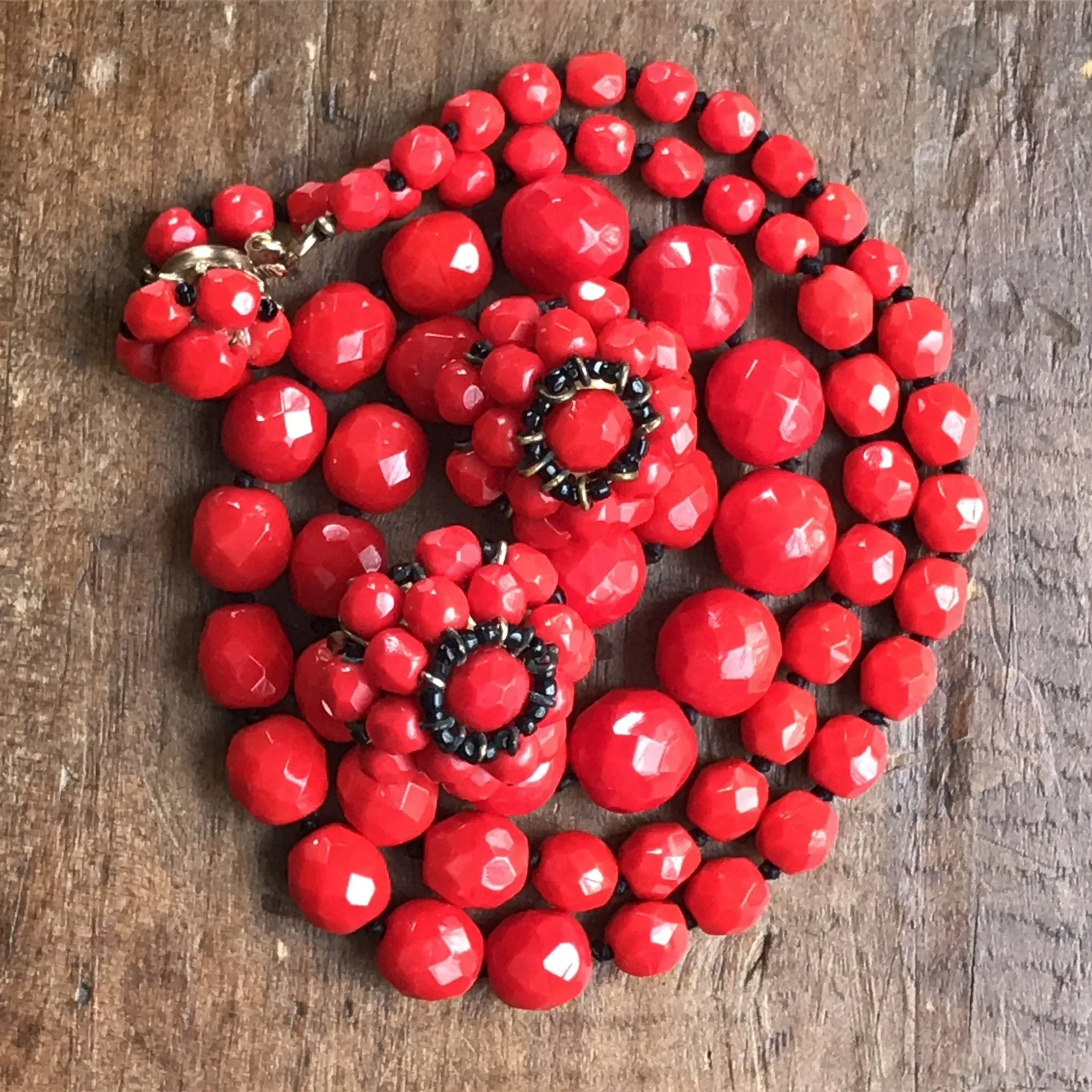 Vintage Red Glass Beaded Necklace and Earring Set by Hattie Carnegie.