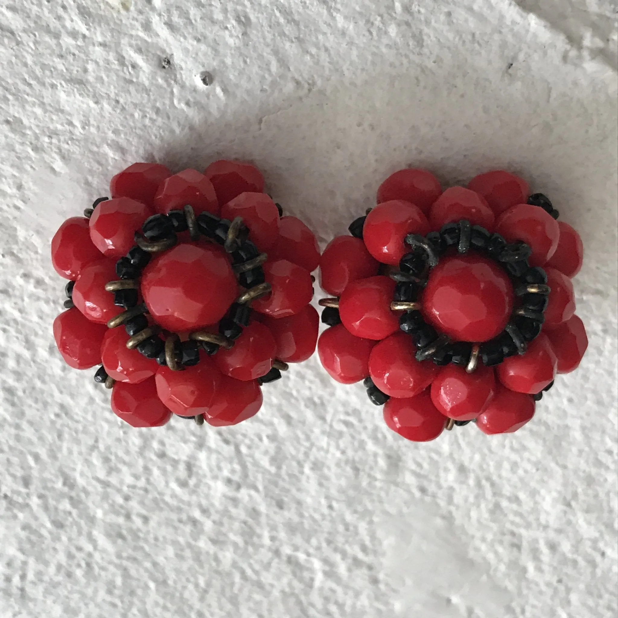 Vintage Red Glass Beaded Necklace and Earring Set by Hattie Carnegie.