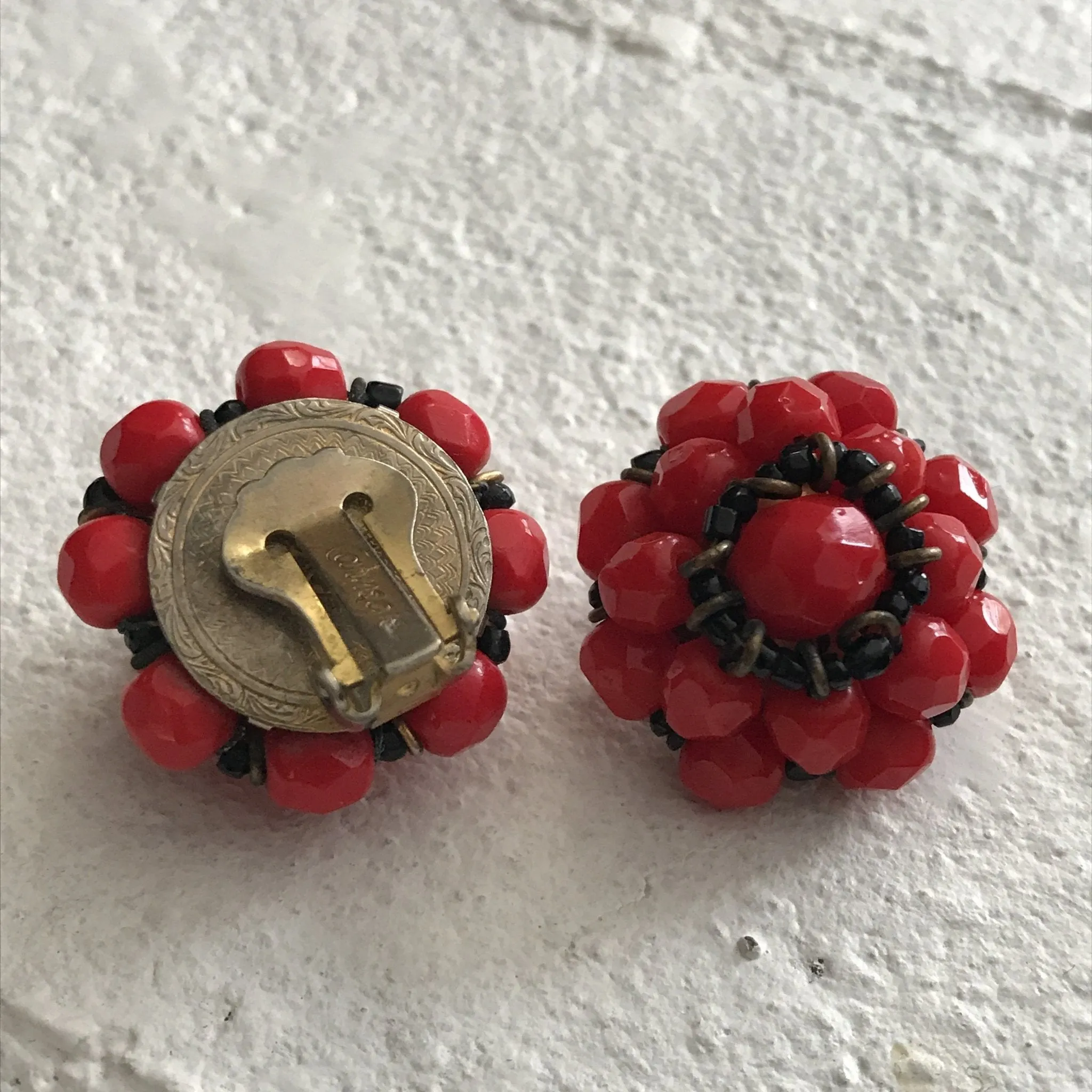 Vintage Red Glass Beaded Necklace and Earring Set by Hattie Carnegie.